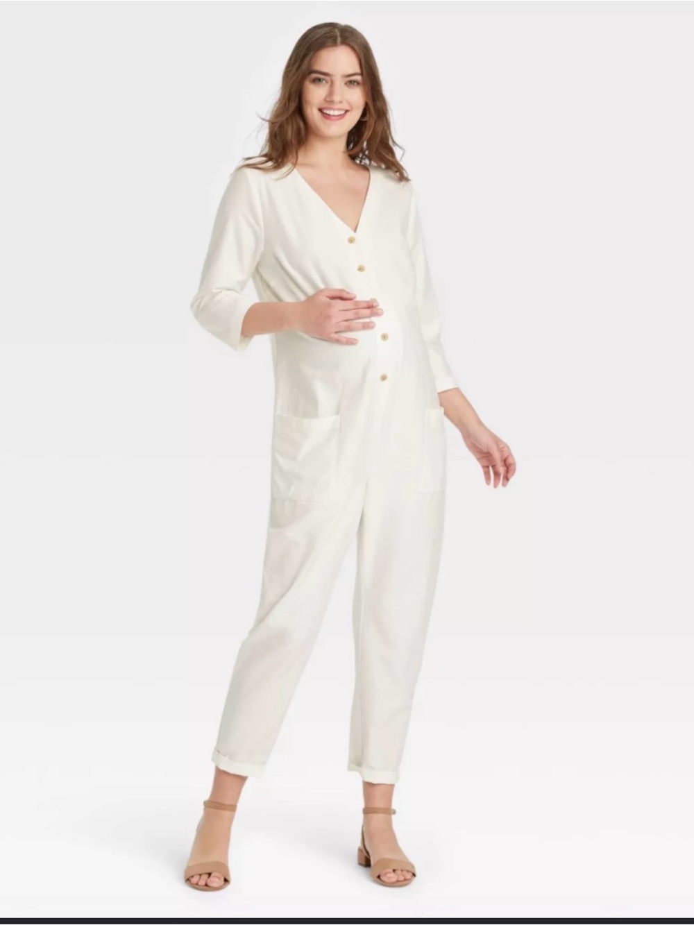 The Nines by HATCH Cream Maternity Button-Front Jumpsuit